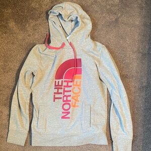 The North Face Light Gray Hoodie with Pink and Orange Logo